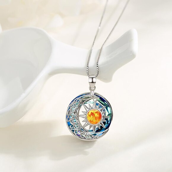Sun and Moon Necklace Sterling Silver Amber Sun Moonstone Crystal Celestial Jewe - Picture 4 of 6